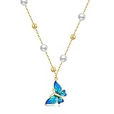 14K Real Gold Butterfly Necklace for Women,Yellow Gold Pearl Butterfly Pendant+Chain with 8 PCS Pearls,Anniversary...