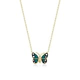 14k Solid Gold Green Butterfly Necklace | 14k Yellow Gold Wings Necklaces for Women | Animal Pendant Necklace | Delicate...