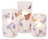 Mark Feldstein & Associates Butterflies and Wildflowers Flameless LED Glass Pillar Candles, Set of 3, 6 Inch