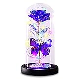 Valentines Day Rose Gifts for Her Thanksgiving Gifts for Mom, Galaxy Purple Butterfly Rose in Glass Dome, Light Up...