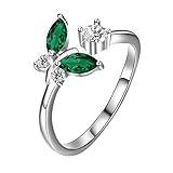 AOBOCO Sterling Silver Butterfly Adjustable Ring with Simulated Emerald Green Crystals, Butterfly Jewelry Gifts for...