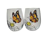 Monarch Butterfly Flower Hand Painted Stemless Wine Glasses Set of 2 Spring Home Decor