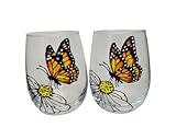 Monarch Butterfly Flower Hand Painted Stemless Wine Glasses Set of 2 Spring Home Decor