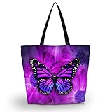 HAPLIVES Tote Bag, Large Lightweight Waterproof Beach Shopping Bag with Zipper, Purple Big Butterfly
