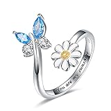 925-Sterling-Silver Adjustable Butterfly Daisy Ring - Sterling White Gold Plated Daisy Thumb Rings with Butterfly for...