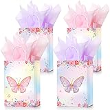 16 Set Butterfly Party Favors Gift Goodie Bags with Tissue Paper, Pink Purple Flowers Treat Candy Small Floral Paper...