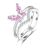 Psiroy 925 Sterling Silver Plated Created Pink Topaz Filled Cute Butterfly Chevron Band Promise Ring for Women Size 7