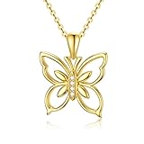 14K Solid Gold Diamond Butterfly Necklace, Genuine Natural Diamonds Delicate Yellow Gold Butterfly Pendant Jewelry Gift...