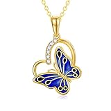 14k Gold Blue Butterfly Heart Pendant Necklace for Women, Real 14 Karat Gold Jewelry Gifts for Wife/Mother/Girlfriend,...