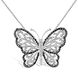 Jewelili Womens Sterling Silver with 1/3 Cttw Treated Black and Natural White Round Diamond Butterfly Necklace, 18' Rolo...
