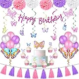 Sumind Butterfly Birthday Party Decoration for Girls Purple Butterfly Party Supply Include Happy Birthday Banner...