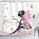 Ambesonne Fashion Shower Curtain, Fairy Girl with Wings in a Floral Fantasy Garden Theme Flying Butterflies Printed,...